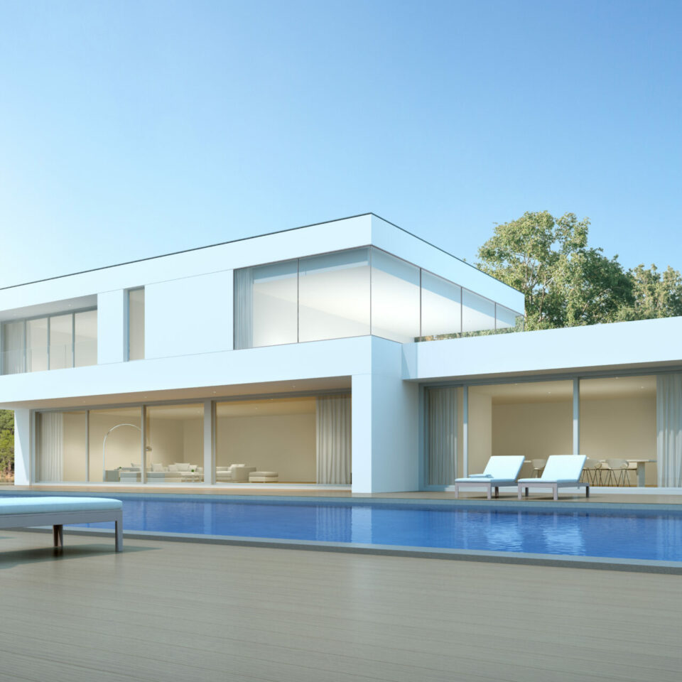 3D render of white modern house with swimming pool on lake backg