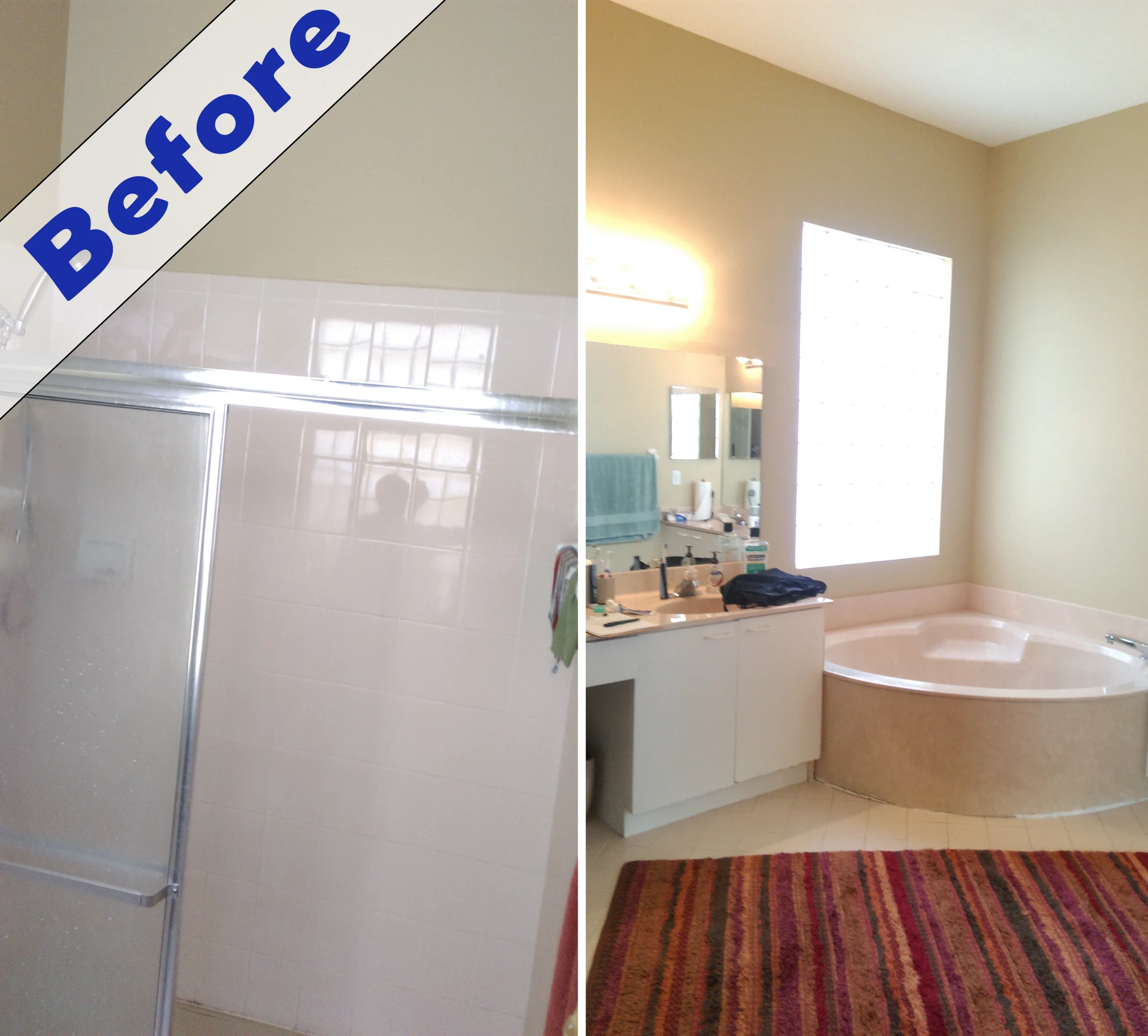 Before photo of a master bathroom remodeling project showing a dated shower and corner tub.