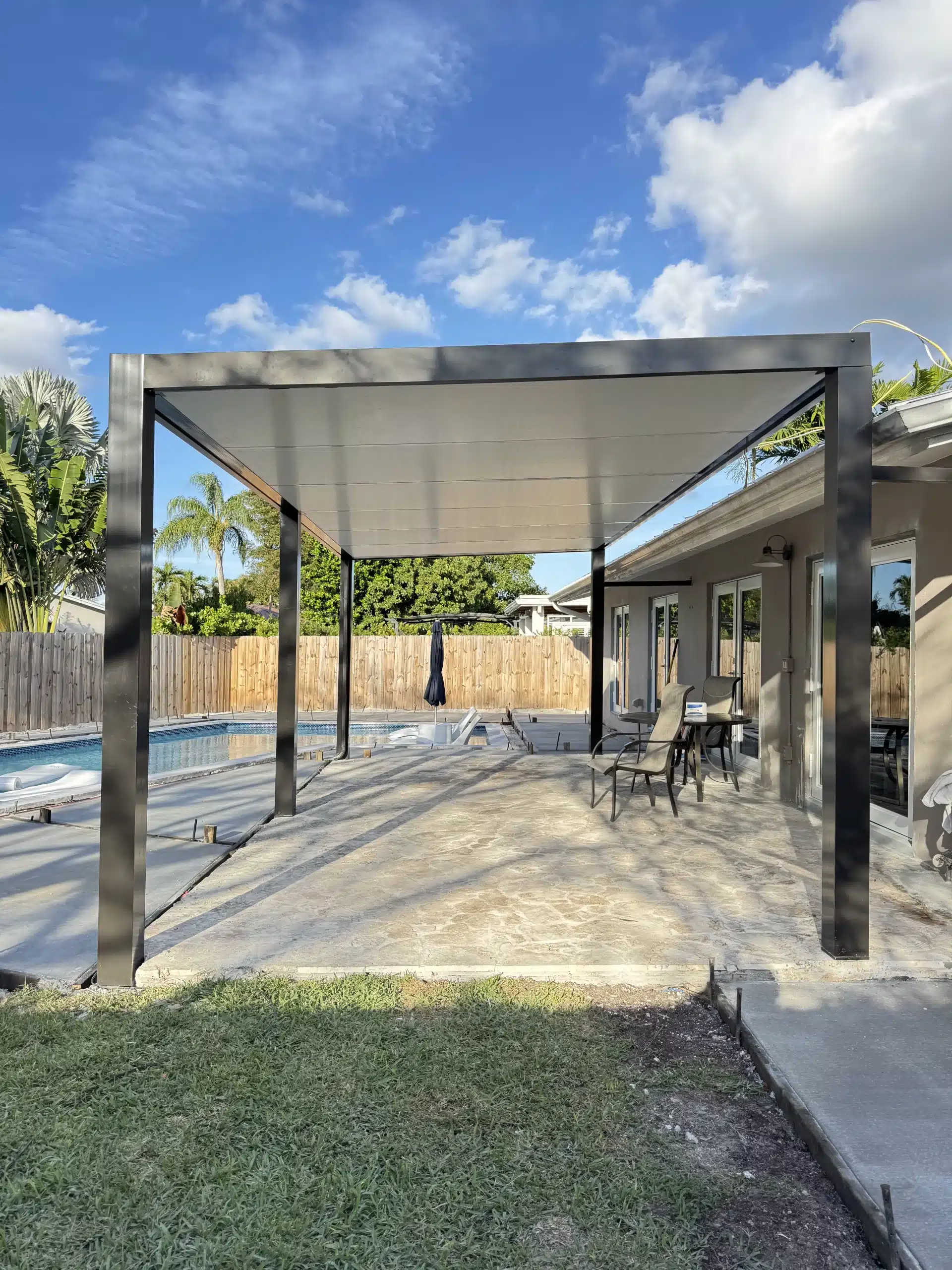 Modern flat-roof aluminum pergola installed next to a swimming pool, offering complete shade for the outdoor patio area.