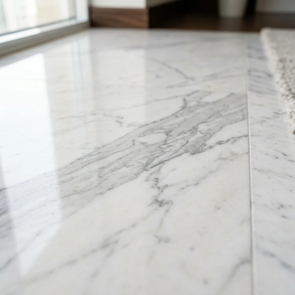 Close-up of polished white marble floor with grey veining