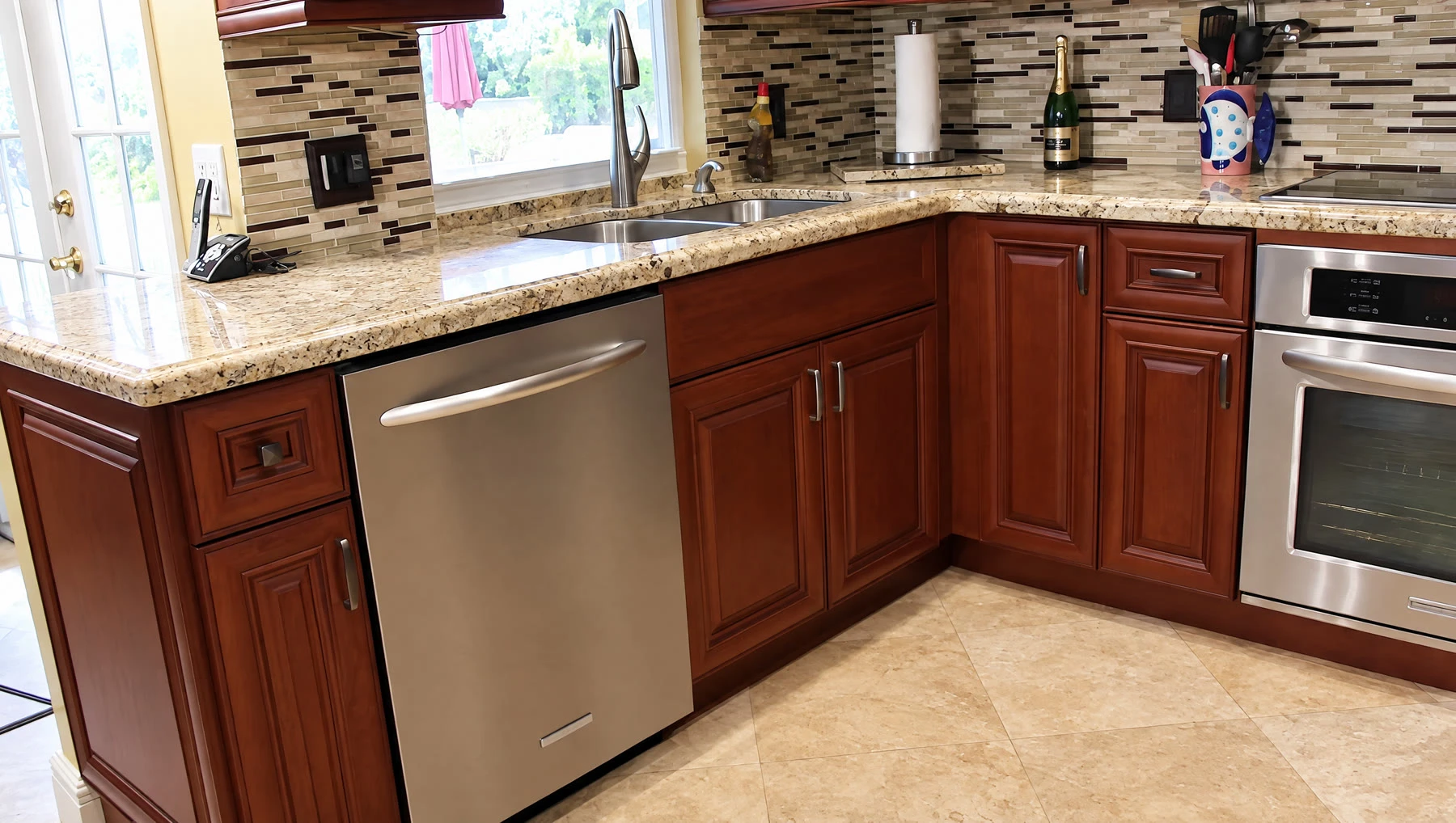 Quartz vs Granite vs Marble: Best Countertop for Plantation Kitchens 7 Granite countertops, cherry cabinets and stainless appliances in a Pembroke Pines kitchen remodel