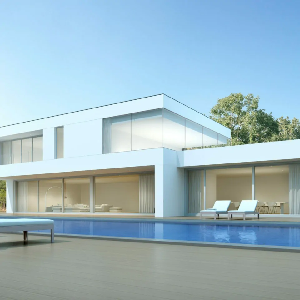 3D render of white modern house with swimming pool on lake backg